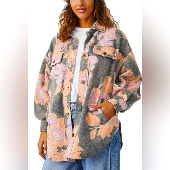 FREE PEOPLE Jacquard Ruby Jacket‎ Oversized Boho in Charcoal size L - Picture 1 of 16